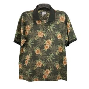 Island Blue Floral Polo Shirt Mens XL Short Sleeve Hawaiian Print Green